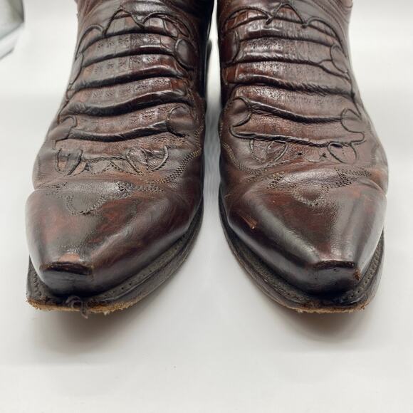 1883 Lucchese Brown Leather Caiman Inlay Snip Toe Cowboy Boots Embroider Men 8 D main image 11
